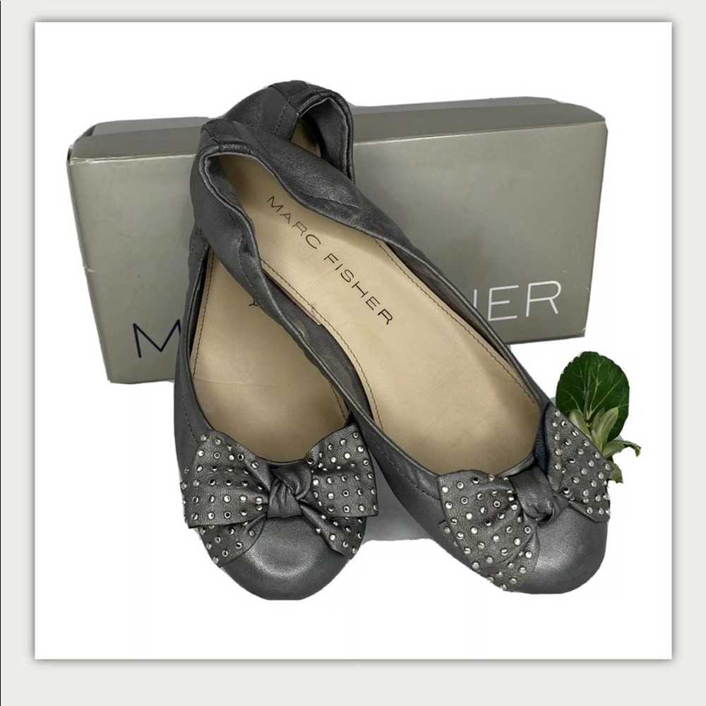 COPY - MARC FISHER PEWTER SILVER  GRAY LEATHER BALLET FLAT SHOES with metal Acc…